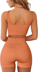 Conjunto de entrenamiento de 2 piezas sin costuras acanalado y pantalones cortos de cintura alta para mujer, trajes de Yoga impermeables - Product Image 2