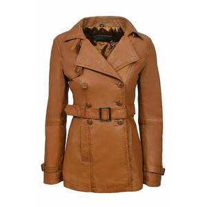 Femmes en peau d'agneau 100% cuir Long Trench Coat Double boutonnage Tan ceinture pardessus veste mode femme en cuir Trench Coat - Product Image 1