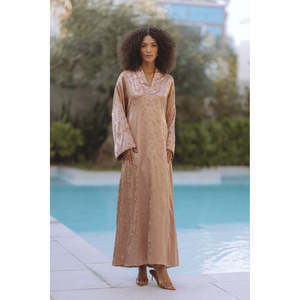Elegant Floor-Length Amiya Jacquard <b>Kaftan</b> in Rose Gold Satin-One <b>Size</b> <b>Plus</b>-<b>Size</b> Party Wear - Product Image 1