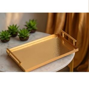 Plateau de présentation élégant en acier inoxydable martelé doré, écologique, pour table basse, bar et cuisine - Product Image 1