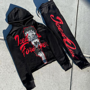 Custom Patch Work Mens Screen & Dtf Impreso Sweatsuit Flare Chándal Sun Faded Vintage Acid Wash Sudadera con capucha y pantalones de chándal para hombres - Product Image 3