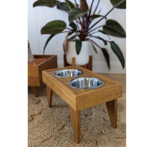 Station d'alimentation en bois élégante pour animaux de compagnie avec design d'accent d'agate - Product Image 1