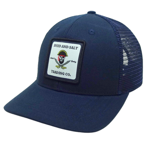 Sombrero de camionero azul marino con parche tejido personalizado Malla trasera estructurada Gorra de 6 paneles Cierre ajustable Gorras de moda Streetwear OEM Vietnam - Product Image 1