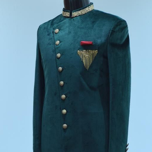 INDIAN/PAKISTANI ELEGANT EMBROIDERY on BOTTLE GREEN SHERWANI DRESS & ALSO MATCHING SHOE WITH DRESS for PARTY-WEAR/WEDDING@2023 - Product Image 1