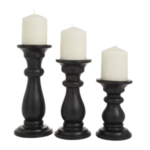 Set Of 3 Wooden Candle Pillar Holder Black Colour Vintage Design Farmhouse Candle Stick Pillar Holder For Home Decoration