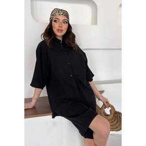 Black Short-Sleeved <b>Linen</b> Shirt and Shorts <b>Set</b> - Black - Product Image 3