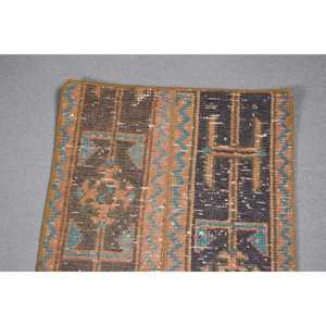 Turkish Vintage Small Rug 1.4x4.9 ft <b>Brown</b> Ikat <b>Wool</b> Patchwork Eco-Friendly Latex Backing Rug - Product Image 5
