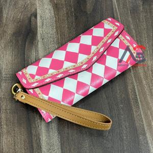 New Vintage Style <b>Pink</b> & White Checkered Leather Hand <b>Clutch</b> for Women Tooled Genuine Leather Cash & Card Holder Wristlet Wallet - Product Image 1
