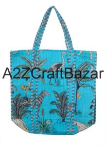 Wholesale Indian Womens 100% Pure Cotton Large Striped Long Handle Tote <b>Bag</b> Quilted Handmade for Shopping & Daily Use - Product Image 2