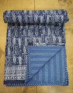 Jaipur Cotton Hotel Indigo Kantha <b>Quilt</b> Fabric Pattern Blanket <b>Throw</b> Bedspread Indigo Indian Handmade 100% Cotton Artland - Product Image 2