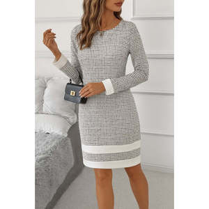 Vestido Mini Tejido de Manga Larga con Cuello Redondo y Detalle de Cinta en el Bajo para Mujer, 30002 - Blanco - Product Image 3