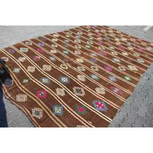 Kilim Rug, 7.7x12.4 ft Turkish Rug, <b>Brown</b> Bordered Rug <b>Wool</b> - Product Image 3