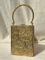 Pochette de soirée de luxe pour femme, rectangulaire, en métal doré antique, avec motifs floraux, panneau gravé et poignée rigide, idéale pour mariage