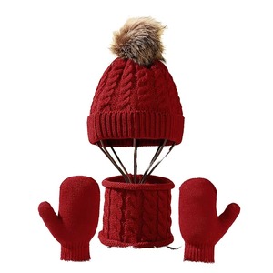 Ensemble bébé 2 pièces : bonnet, écharpe et gants ajustables, uni, chaud, hiver, bonnet en tricot avec pompon, pour enfants - Product Image 3