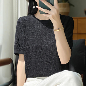 เสื้อยืดคอกลมผ้าไหมถักแขนสั้นสำหรับผู้หญิงระบายอากาศได้ดีแห้งเร็วสำหรับฤดูร้อน2024 - Product Image 6