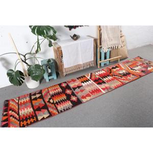 Turkish 2.1x9.8 ft Rug, <b>Runner</b> Vintage Rug, <b>Red</b> Orange Check Rug - Product Image 4