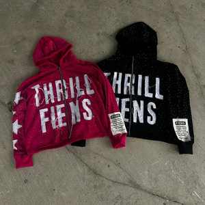 Sudadera con capucha con cremallera lavada desgastada Vintage personalizada, ropa de calle de algodón del fabricante para hombre, ropa de invierno con bordado 3D de diamantes de imitación - Product Image 6