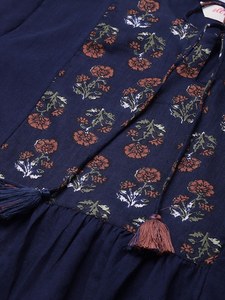 Nuevo Kurtis de Diseñador para Mujer, Estampado Floral Azul, Manga Larga, Elegante, con Encaje, Hasta la Rodilla, de Algodón Puro, Ramas, Primavera Verano, Lavable - Product Image 3