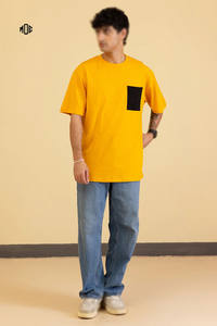 <b>Men</b> Heavyweight Cotton Loose Fit Crew T <b>Shirt</b> Short Sleeve Yellow Street Style Top with Contrast Front Pocket & Custom Branding - Product Image 6