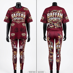 Conjunto de camiseta y leggings con estampado gráfico color burdeos, mezcla premium de algodón, poliéster y spandex, sublimación con logo personalizado, conjuntos para mujer - Product Image 6