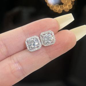 Pendientes de Botón con Halo de Diamantes de Laboratorio Redondos, Claridad VS-VVS, Color DEF, Oro Puro de 14K o Plata, con Diamantes Engastados en Pavé para Mujer - Product Image 1