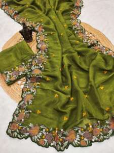 Sari de seda suave de diseñador con bordado Zari Work, Stone Work Designer Wedding Function Wear Sari, Party Wear Saree. - Product Image 3