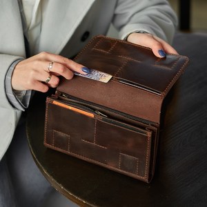 Venta al por mayor de fábrica, tarjetero de lujo de estilo Vintage para mujer, monedero de cuero minimalista personalizado, antirrobo, largo abierto para mujer de la LWM-0012 - Product Image 6