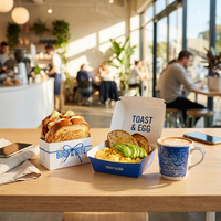 Boîte à lunch, emballage pour pain de petit-déjeuner et desserts, support en papier pour sandwichs, œufs et toasts épais, boîte en papier bleue pour hamburgers et petit-déjeuner avec trou