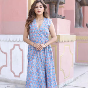 Vestido de algodón con estampado Floral de bloque de mano indio para mujer, ropa de fiesta informal de verano con estilo bohemio, regalo elegante para ella - Product Image 1