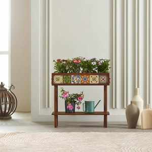 Jardinière en bois nautique avec carreaux mexicains avec pieds et plateau pour le fond et poignées en métal pour les côtés Boîte à fleurs avec pied - Product Image 6