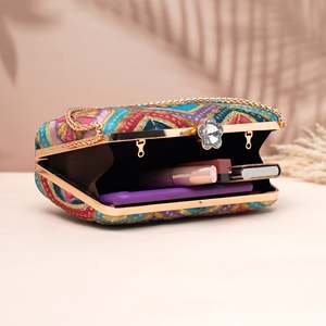 Artklim Half Moon Pattern Evening <b>Clutch</b> Turquoise & Multicolor Lotus Motif for Parties and <b>Weddings</b> - Product Image 3