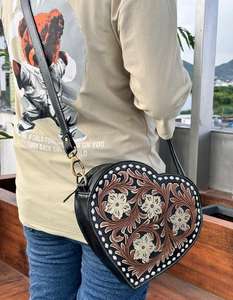 New Western Style Hand Tooling Carving Stylish <b>Handbag</b> Heart Shape Sling Bag Fashionable Pattern Crossbody Shoulder Bags Women's - Product Image 3