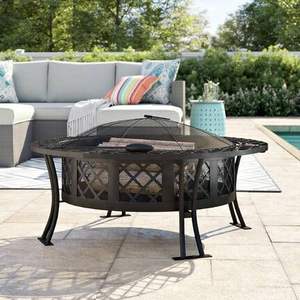 Round iron <b>fire</b> pit with mesh cover and <b>poker</b> tool set for convenient safe outdoor burning and warmth - Product Image 4