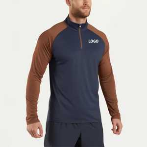 Custom Hucai Mens Long Sleeve O-Neck Half <b>Zip</b> Sporty Fleece Training Top Gym Wear Muscle <b>Zip</b> Athletic Sports <b>Shirt</b> - Product Image 2