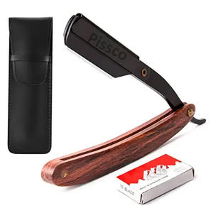 Navaja de afeitar recta de acero inoxidable con mango de madera - Product Image 1