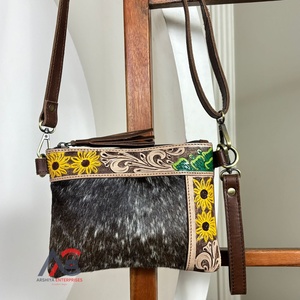 Sac bandoulière en cuir de vachette véritable de qualité supérieure, fait main, avec poignet, motif tournesol, petit sac bandoulière en cuir véritable pour femmes - Product Image 1