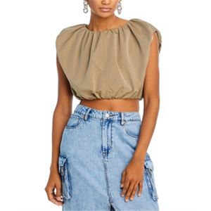 Grey Lab Basic Cropped <b>Balloon</b> Sleeveless Top Bow Collar Khaki Woven Fabric Breathable Stretchy <b>Custom</b> Logo 3D Ruched for Daily - Product Image 1