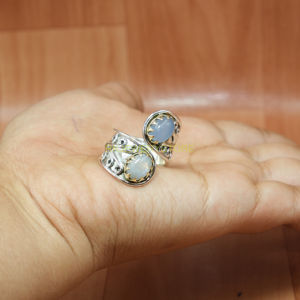 Natural Blue Fire Rainbow Moonstone And Aquamarine Gemstone Pure 925 <b>Sterling</b> <b>Silver</b> And Brass <b>Ring</b> <b>Adjustable</b> <b>Ring</b> - Product Image 2