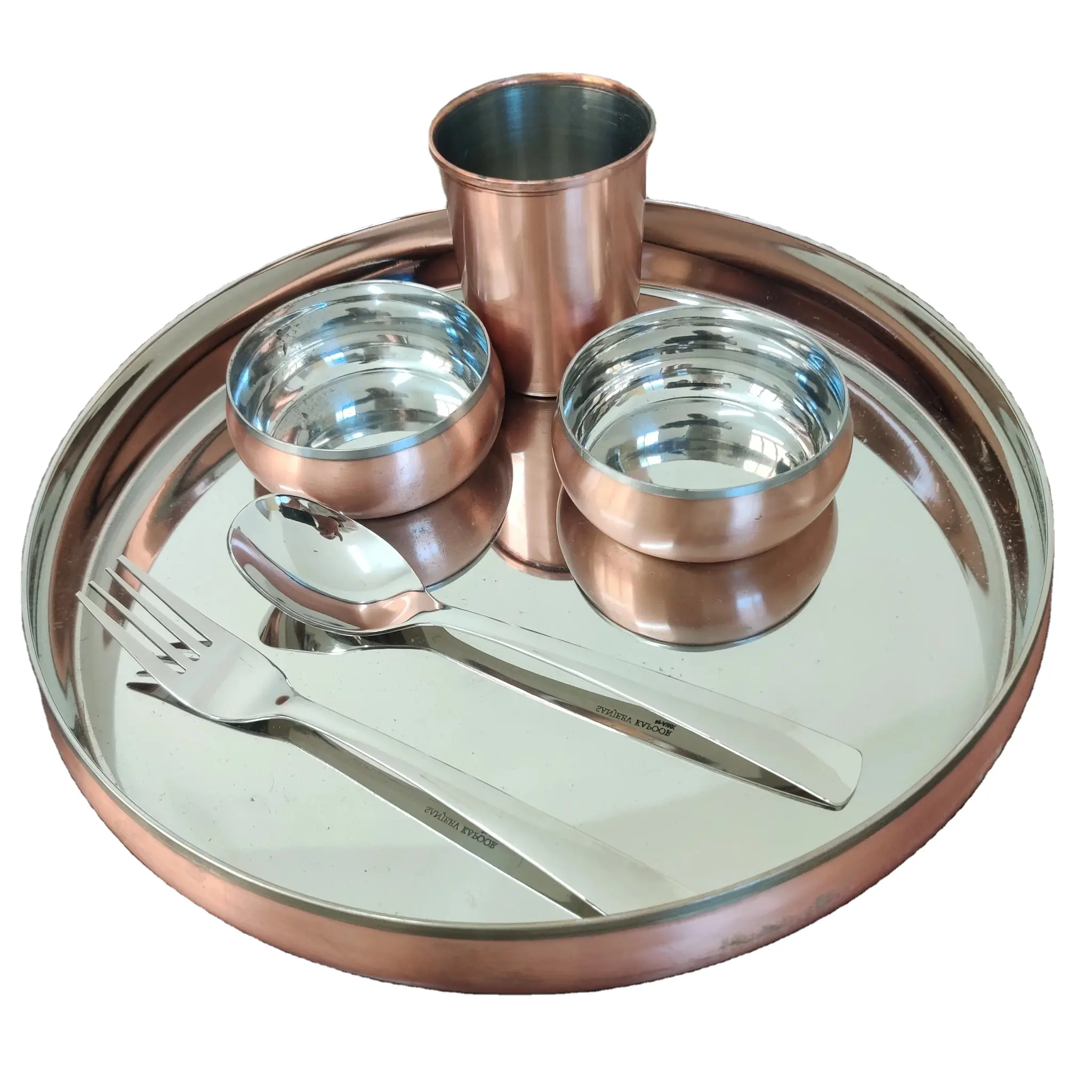 Copper Hammered Traditional Crockery Set Of Thali Plates Bowls Glass And Spoon Serving Tableware Copper Traditional Dinner set