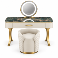 Ensemble de table de maquillage de luxe avec miroir LED, dessus en marbre, tiroir, chaise rembourrée, taille et couleur personnalisées, garantie de 2 ans