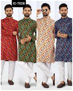 Kurta en rayonne lourde de style indien pakistanais prêt à porter avec travail imprimé et ensemble de pyjama pour hommes avec grande taille disponible - Product Image 3