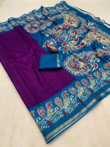 ผ้าไหมโดลาสำหรับผู้หญิงคุณภาพพรีเมียม พร้อมขอบปักดิ้นทอง และผ้าปาลูลายคาลัมคารีสุดหรู ผลิตในประเทศอินเดีย - Product Image 4