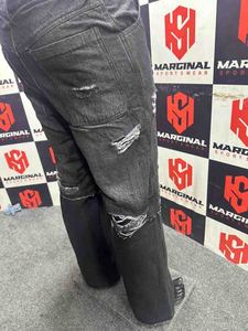 กางเกงยีนส์เดนิมทรงตรงสำหรับผู้ชาย สไตล์วินเทจ ล้างสีแบบแอซิด แต่งขาด ผ้าฝ้าย 100% ลายปักเรียบ - Product Image 4