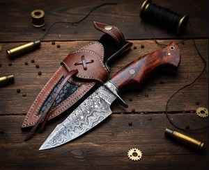 Cuchillo de Caza de Acero de Damasco Personalizado, Cuchillos de Hoja Fija para Campismo y Supervivencia con Funda de Cuero Fino, Cuchillos de Acero Personalizados - Product Image 1