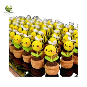 Handcrafted Crochet Ferns in Brown Pots on Wooden Shelf Indoor Living Room Decor Environment-Friendly - Product Image 5
