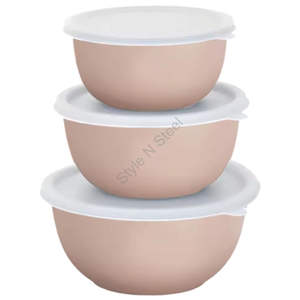 Precio al por mayor Premium Euro Bowl Set con tapa 3 piezas Metal Round Bowl en multicolor 450 mL 700 ml 1200 ml Tamaños - Product Image 1