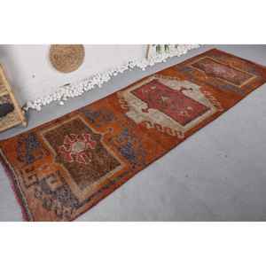 พรมตุรกีสีส้มและสีน้ำตาลวินเทจ32x99ฟุตผ้าขนสัตว์เย็บปะติดปะต่อกันด้วยผ้าวิสโคสสี่เหลี่ยมผืนผ้าออกแบบสำหรับห้องนั่งเล่นหรือห้องนอนสำหรับวัยรุ่น - Product Image 2