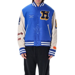Chaqueta Varsity Azul Sólida de Lona Personalizada para Hombre, Cuello Alto, Logotipo Frontal, Corte Regular, Transpirable, Estilo Preppy, Ropa de Abrigo para Otoño - Product Image 3
