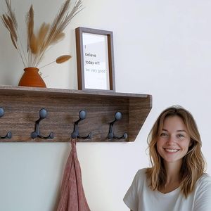 Heavy-Duty Weathered Brown Wood Coat Rack With TRI <b>Hooks</b> <b>Wall</b> Mounted Shelf Organiser <b>for</b> Hallway or Room - Product Image 2