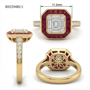 Bague de fiançailles rétro en rubis vintage, or jaune massif 18 carats, grappe de diamants carrés baguette avec carte d'assurance qualité - Product Image 3